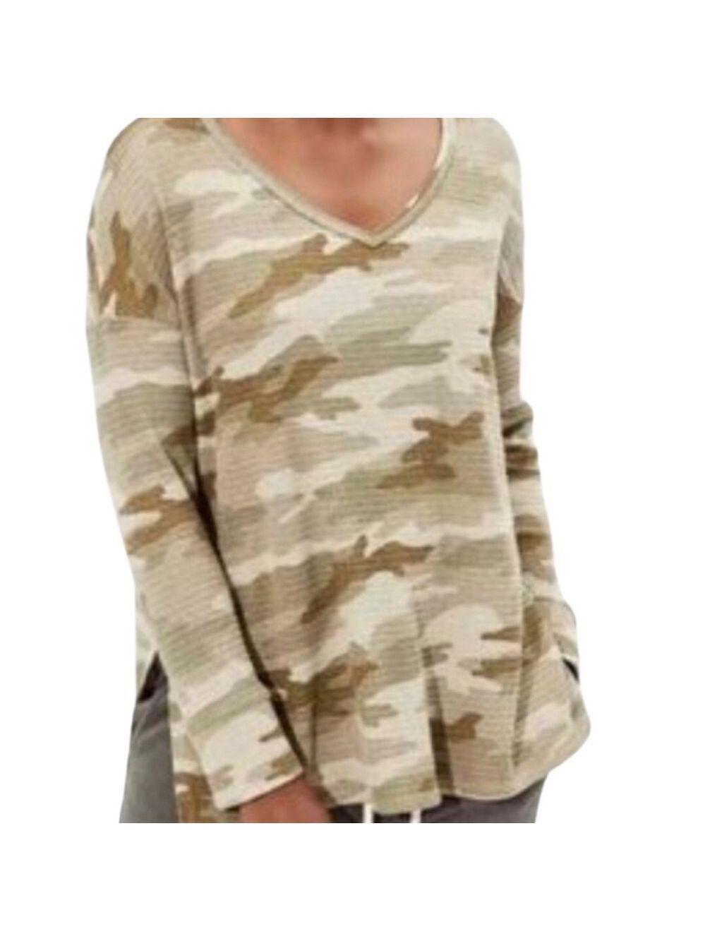 American Eagle Camo Waffle Knit Top, Size L, Beige & Brown NWT